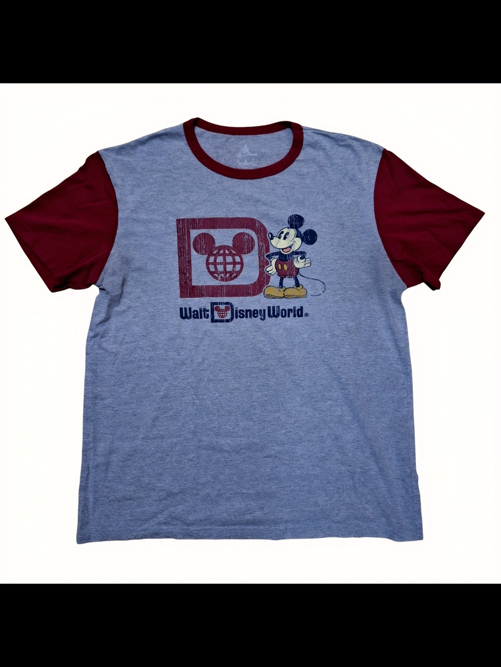 Grey And Red Walt Disney World Mickey Mouse Raglan Ringer Tee - M
